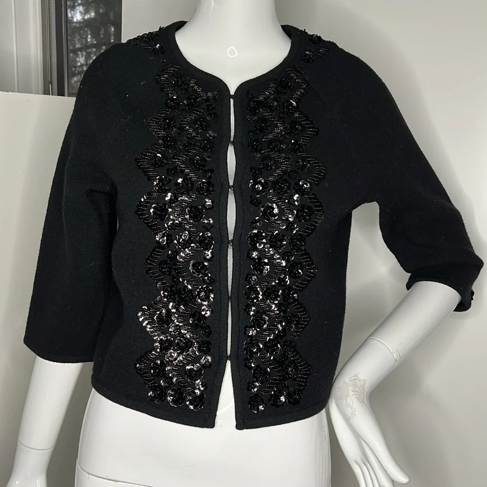 Elevenses Sz S Black Wool Beaded Black Cardigan Sweater Lined Interior